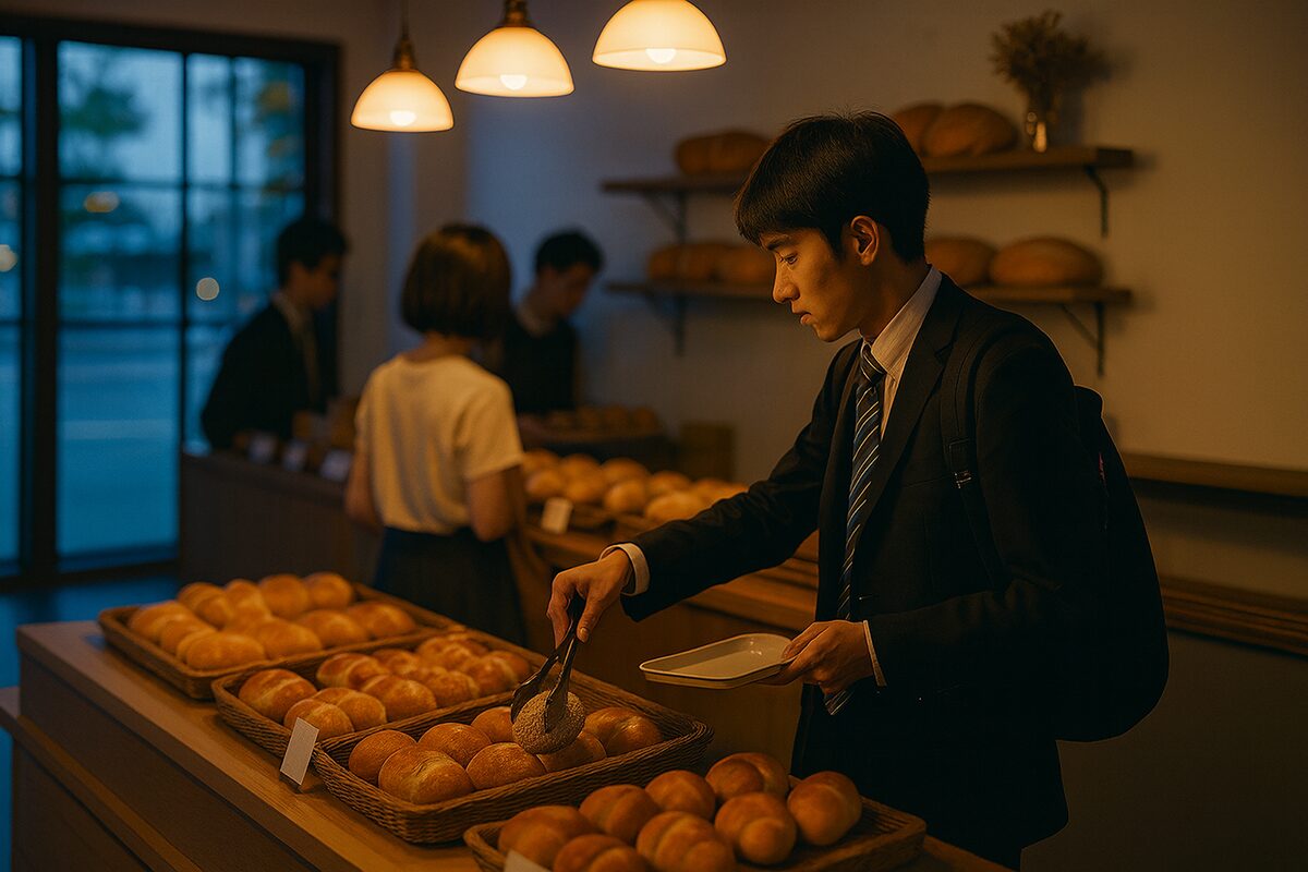 朝の店内：通勤前にパンを選ぶ様子