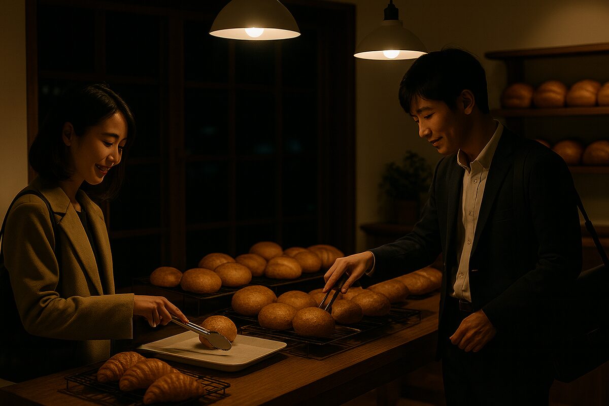 夜の店内：帰宅途中に晩ごはん用のパンを選ぶ様子