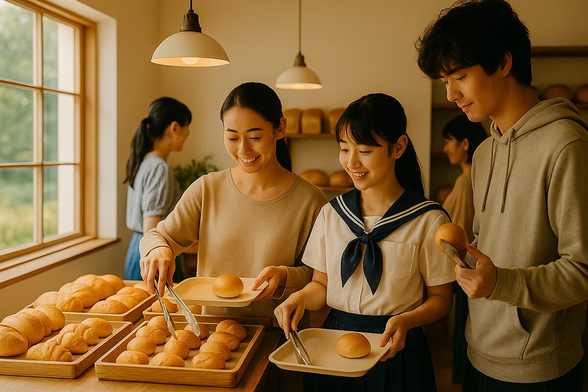 午後の店内：主婦や学生が楽しそうに選ぶ様子